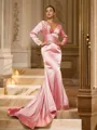 Sheath/Column V-Neck Sultry Long Sleeves Sweep Train Silk like Satin Evening Dresses