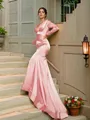 Sheath/Column V-Neck Sultry Long Sleeves Sweep Train Silk like Satin Evening Dresses