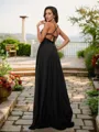 A-line Simple V-Neck Sleeveless Sweep Train Jersey Evening Dresses