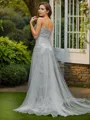 A-line V-Neck Chic Sleeveless Sweep Train Tulle Evening Dresses