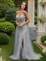 A-line V-Neck Chic Sleeveless Sweep Train Tulle Evening Dresses