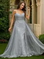 A-line V-Neck Chic Sleeveless Sweep Train Tulle Evening Dresses