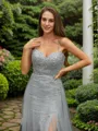 A-line V-Neck Chic Sleeveless Sweep Train Tulle Evening Dresses