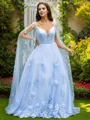 A-line V-Neck Timeless Sleeveless Sweep Train Tulle Evening Dresses
