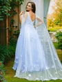 A-line V-Neck Timeless Sleeveless Sweep Train Tulle Evening Dresses