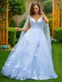 A-line V-Neck Timeless Sleeveless Sweep Train Tulle Evening Dresses