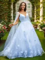 A-line V-Neck Timeless Sleeveless Sweep Train Tulle Evening Dresses