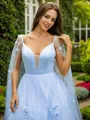 A-line V-Neck Timeless Sleeveless Sweep Train Tulle Evening Dresses