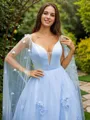 A-line V-Neck Timeless Sleeveless Sweep Train Tulle Evening Dresses
