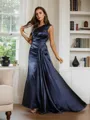 Sheath/Column One-Shoulder Elegant Sleeveless Sweep Train Silk like Satin Evening Dresses