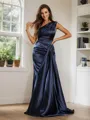 Sheath/Column One-Shoulder Elegant Sleeveless Sweep Train Silk like Satin Evening Dresses