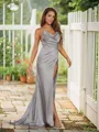 Sheath/Column Spaghetti Straps Refined Sleeveless Sweep Train Silk like Satin Evening Dresses