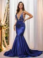 Trumpet/Mermaid V-Neck Ariel Sleeveless Sweep Train Silk like Satin Evening Dresses
