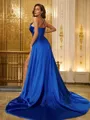 A-line V-Neck Sleeveless Court Train Chic Satin Evening Dresses