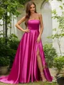 A-line Strapless Stunning Sleeveless Sweep Train Satin Evening Dresses