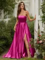 A-line Strapless Stunning Sleeveless Sweep Train Satin Evening Dresses