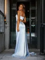 Sheath/Column Chic Spaghetti Straps Sweep Train Silk like Satin Corset Evening Dress With Slit