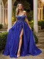 Slinky A-line Off-the-Shoulder Sweep Train Tulle Corset Evening Dress With Slit