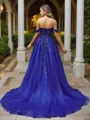 Slinky A-line Off-the-Shoulder Sweep Train Tulle Corset Evening Dress With Slit