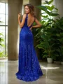 Sheath/Column Clingy V-neck Sweep Train Lace Evening Dress With Slit
