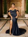 Plus Size Perfect Sheath/Column Off-the-Shoulder Court Train Silk like Satin Evening Dress With Slit