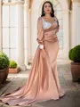 Sheath/Column Charming Sweetheart Long Sleeves Court Train Silk like Satin Evening Dress With Rhinestone