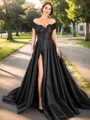 A-line Hot Off-the-Shoulder Sweep Train Taffeta Evening Dress With Slit