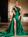 Plus Size Sheath/Column Exquisite One-Shoulder Court Train Satin Evening Dress With Slit