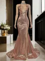 Sheath/Column Grand V-neck Sweep Train Sequins Evening Dress With Slit