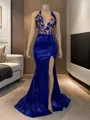 Sheath/Column Grand V-neck Sweep Train Sequins Evening Dress With Slit