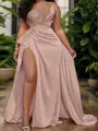 Plus Size Mesmerizing Sheath/Column One-Shoulder Sweep Train Silk Like Satin Evening Dress With Slit