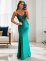 Aristocratic Sheath/Column V-neck Sweep Train Silk Like Satin Evening Dress With Appliques Lace