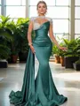 Sheath/Column Glam High Neck Long Sleeves Sweep Train Silk like Satin Evening Dress With Rhinestone