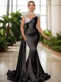 Sheath/Column Glam High Neck Long Sleeves Sweep Train Silk like Satin Evening Dress With Rhinestone