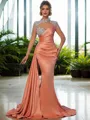 Sheath/Column Glam High Neck Long Sleeves Sweep Train Silk like Satin Evening Dress With Rhinestone
