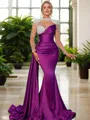 Sheath/Column Glam High Neck Long Sleeves Sweep Train Silk like Satin Evening Dress With Rhinestone