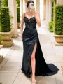 Sheath/Column Splendid Spaghetti Straps Sweep Train Silk Like Satin Corset Evening Dress With Slit