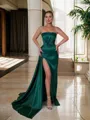 Graceful Sheath/Column Spaghetti Straps Sweep Train Silk like Satin Evening Dress With Slit