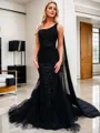 Sheath/Column Enchanting One-Shoulder Court Train Tulle Corset Evening Dress With Appliques Lace