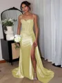 Perfect Sheath Spaghetti Straps Appliques Lace Sweep Train Silk Like Satin Corset Evening Dress