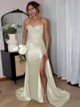 Perfect Sheath Spaghetti Straps Appliques Lace Sweep Train Silk Like Satin Corset Evening Dress