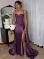 Perfect Sheath Spaghetti Straps Appliques Lace Sweep Train Silk Like Satin Corset Evening Dress