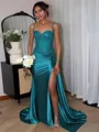 Perfect Sheath Spaghetti Straps Appliques Lace Sweep Train Silk Like Satin Corset Evening Dress