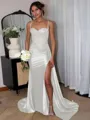 Perfect Sheath Spaghetti Straps Appliques Lace Sweep Train Silk Like Satin Corset Evening Dress