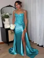 Perfect Sheath Spaghetti Straps Appliques Lace Sweep Train Silk Like Satin Corset Evening Dress