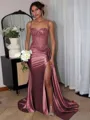 Perfect Sheath Spaghetti Straps Appliques Lace Sweep Train Silk Like Satin Corset Evening Dress