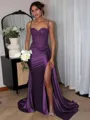 Perfect Sheath Spaghetti Straps Appliques Lace Sweep Train Silk Like Satin Corset Evening Dress