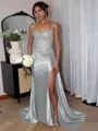 Perfect Sheath Spaghetti Straps Appliques Lace Sweep Train Silk Like Satin Corset Evening Dress