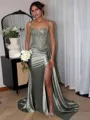 Perfect Sheath Spaghetti Straps Appliques Lace Sweep Train Silk Like Satin Corset Evening Dress