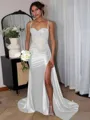 Perfect Sheath Spaghetti Straps Appliques Lace Sweep Train Silk Like Satin Corset Evening Dress